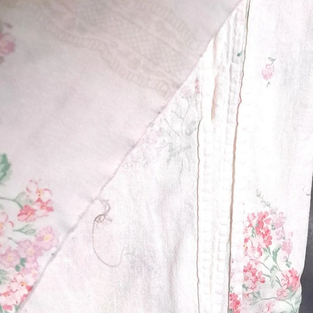 VTG Stevens Floral Flat Bed Sheet Twin White Pink Lace Stripe Cottagecore Fabric